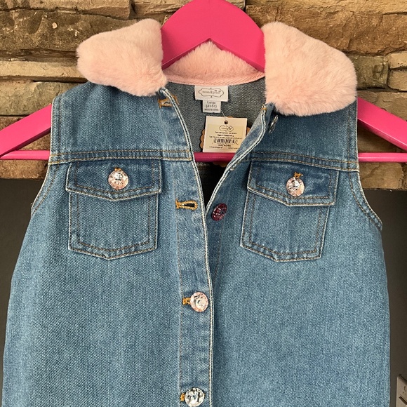 Mud Pie Faux Fur Collar Sparkle Denim Vest Rhinestone Party Glam Blue Pink 4T-5T - Picture 2 of 8